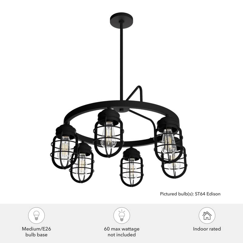 Hunter Starklake 6-Light Chandelier - Dining Room, Entry, Kitchen Table - Industrial, Wheel, Rustic, Caged Design