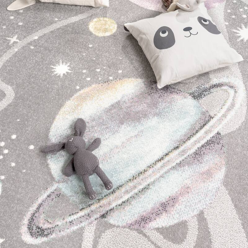 Kids Rug Space with Planets and Stars in Pastel Colors