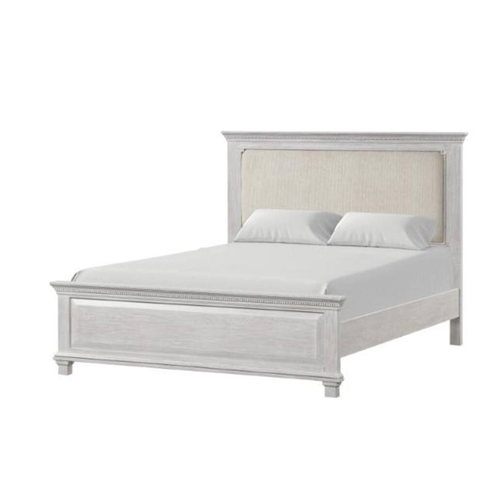Leyne Queen Bed, Cream Upholstery, Dentil Molding Weathered Gray Wood