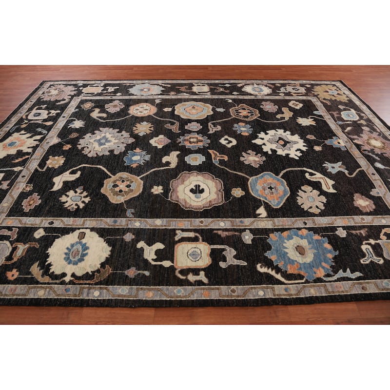 Hand Knotted Oriental 100% Wool Carpet Transitional All-Over Black Oushak Area Rug - 12' 5'' X 9' 0''