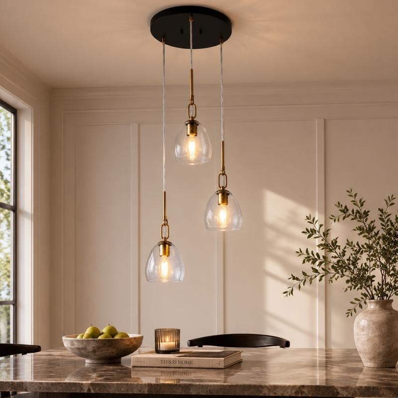 Beta Modern 3-Light Gold Black Glass Cluster Pendant Light for Kitchen Island