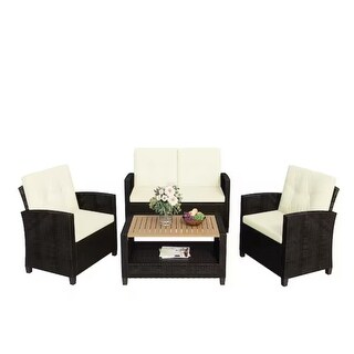 4-Piece Wicker Patio Conversation Set with Beige Cushions - Bed Bath ...