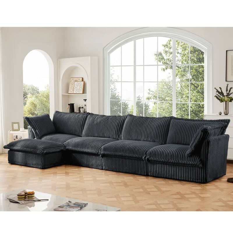 Slipcovered 4-Seater L-Shape Corduroy Sectional Sofa Couch with Armrests & 2 Big Pillows