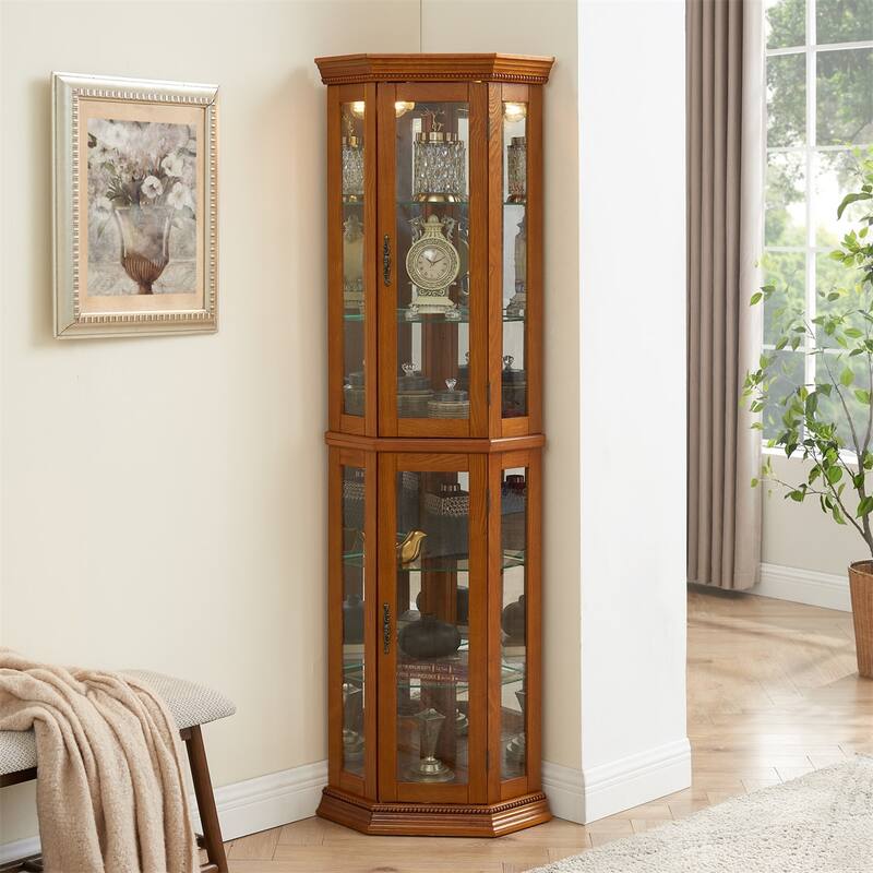 Corner Display Curio Cabinet with Glass Shelves (Bulb Not Included)