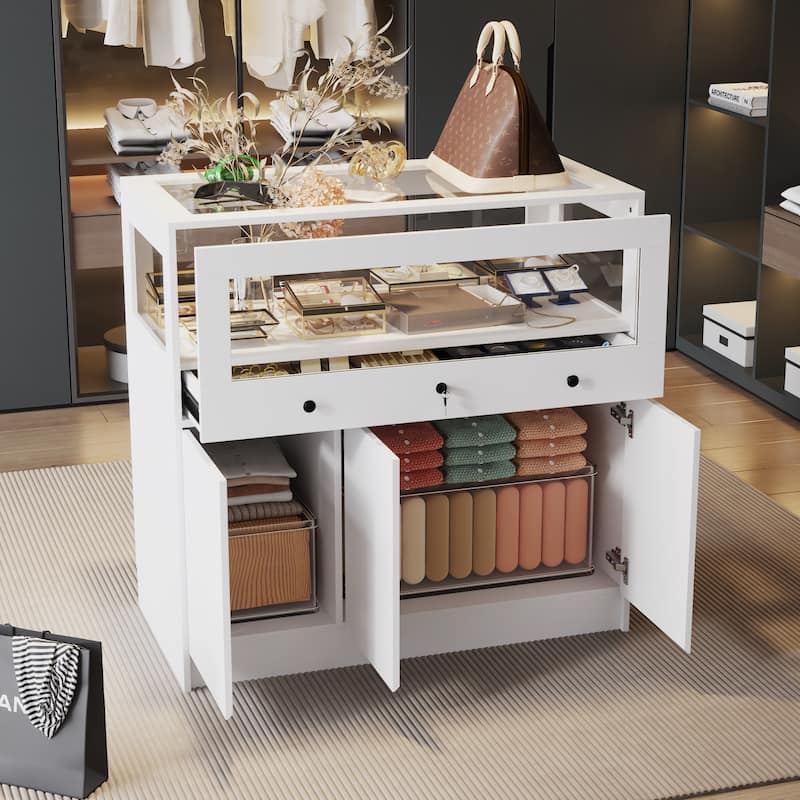 White Display and Storage Cabinet with Tempered Glass Home and Office - 39.4"