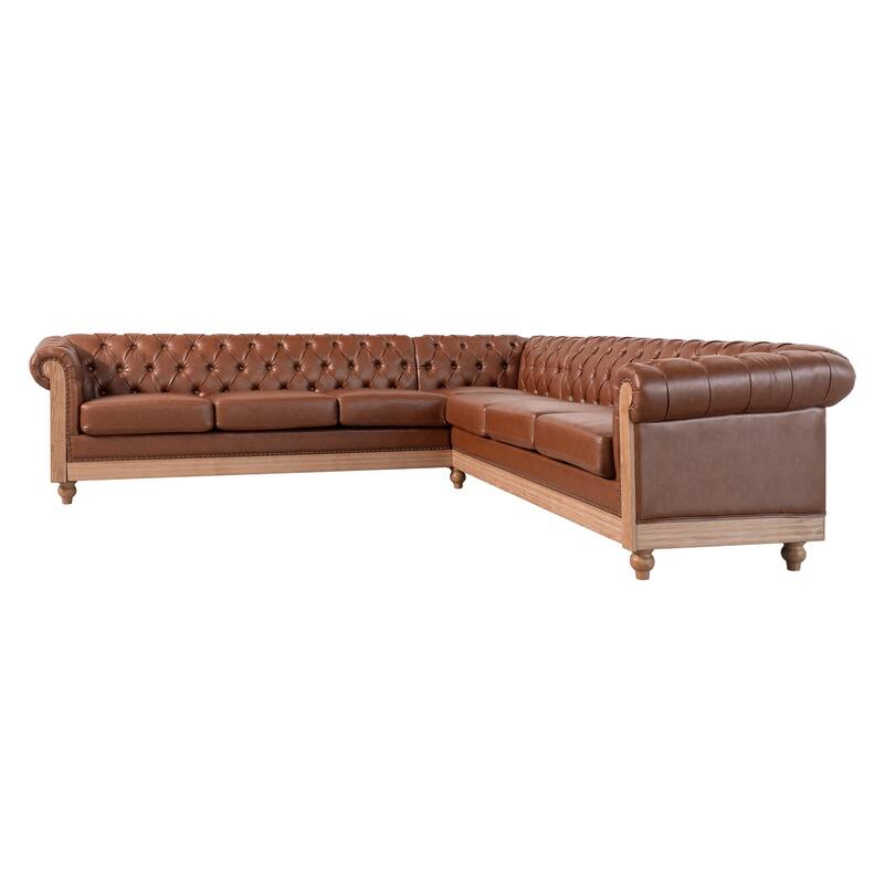 L-Shaped Sectional Sofa with Nailhead Trim & Wooden Legs, PU Leather Upholstered Sofa, Large Corner 6-Seater Sofa