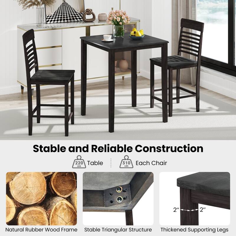 Gymax 3 PCS Counter-Height Dining Table Set for 2 Square Kitchen Table