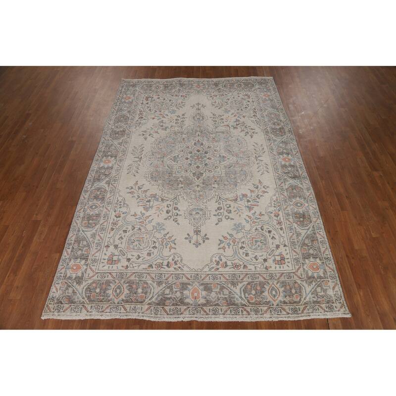 Beige / Ivory Medallion Tabriz Persian Area Rug Handmade Wool Carpet - 6'6"x 9'8"