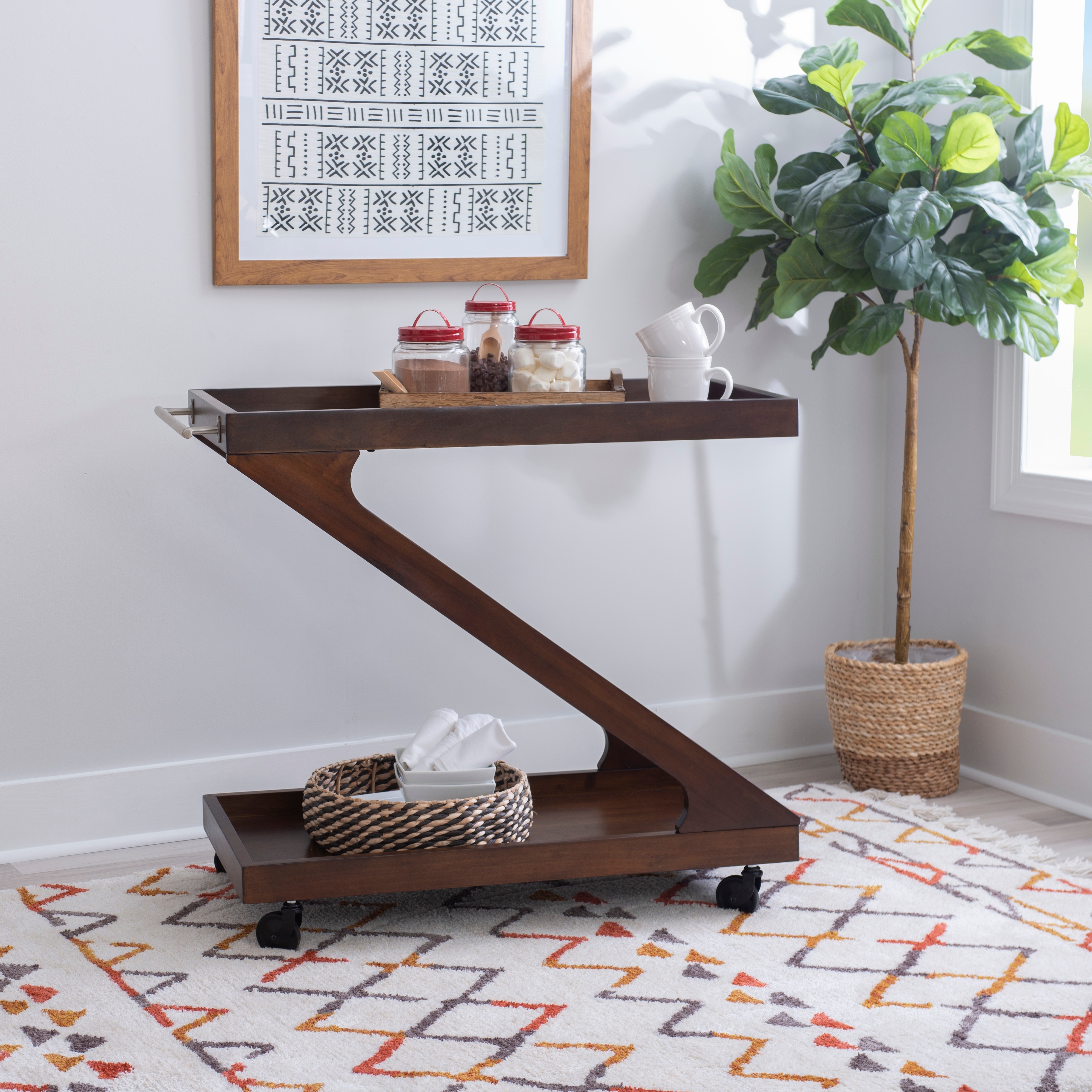 Linon Jodie Z-Shaped Wooden Rolling Bar Cart