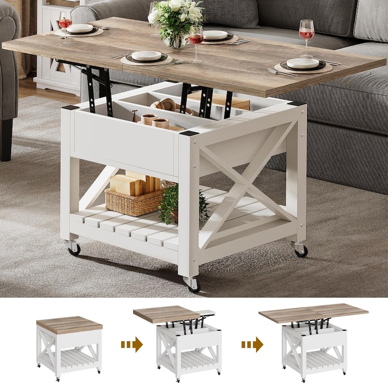 Moasis Farmhouse Lift Top Coffee Table Dining Table with Extendable Table Top and Shelf