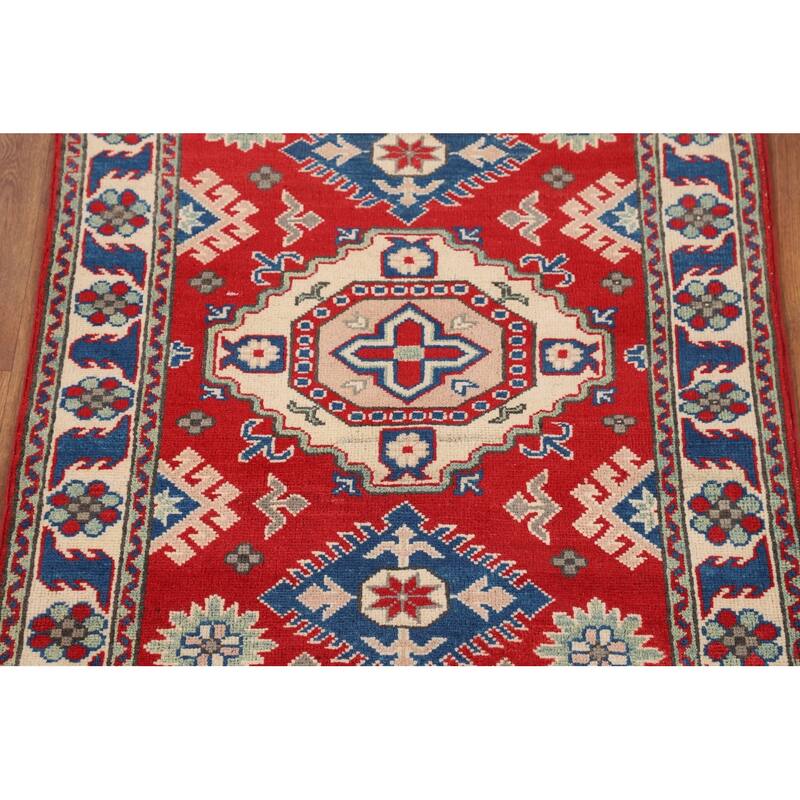 Oriental Kazak Accent Rug Hand-Knotted Geometric Red Wool Carpet - 2'10" x 3'11"