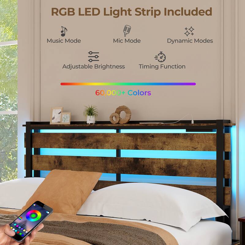 Gymax Queen Size Bed Frame w/ Drawers LED Lights Outlets & USB Ports