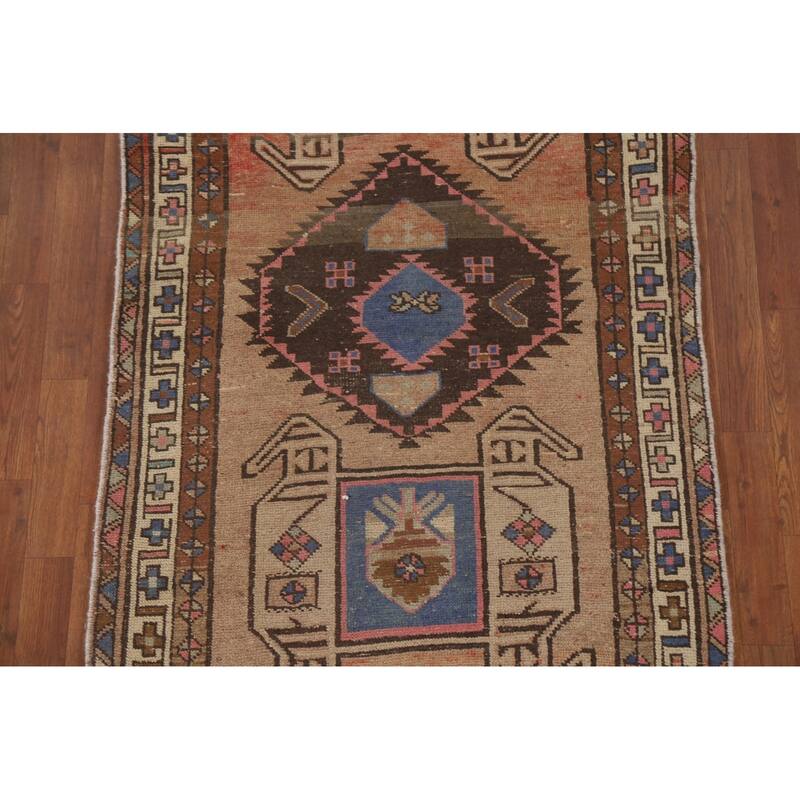 Tribal Ardebil Persian Vintage Runner Rug Handmade Orange Wool Carpet - 3'7" x 13'1"