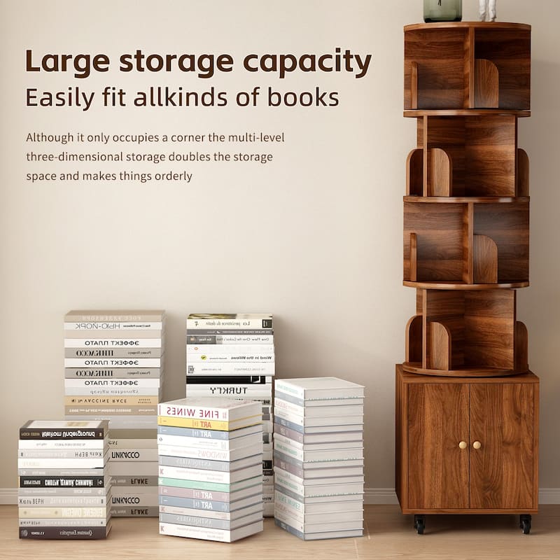 Anmytek 360 Rotating Corner Bookshelf with Wheels Space Saving Storage for Small Rooms