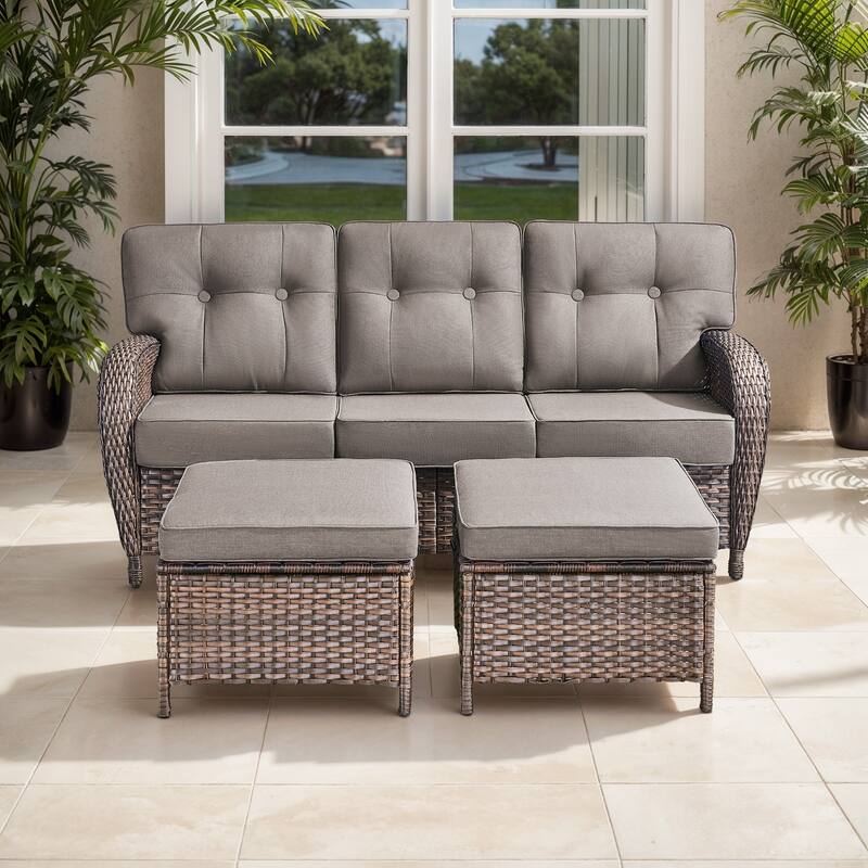TWrap Brown Wicker Patio 3-Piece Sofa Set with 5-Inch Thick Cushions and 2 Ottomans - Brown/Gray - 3-Piece