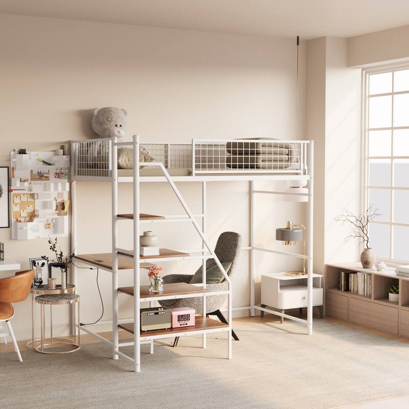 Twin Size Loft Bed with Built-in Charging Station & LED Lighting, Heavy-Duty Metal Loft Bed Frame with Desk & Safety Guardrails