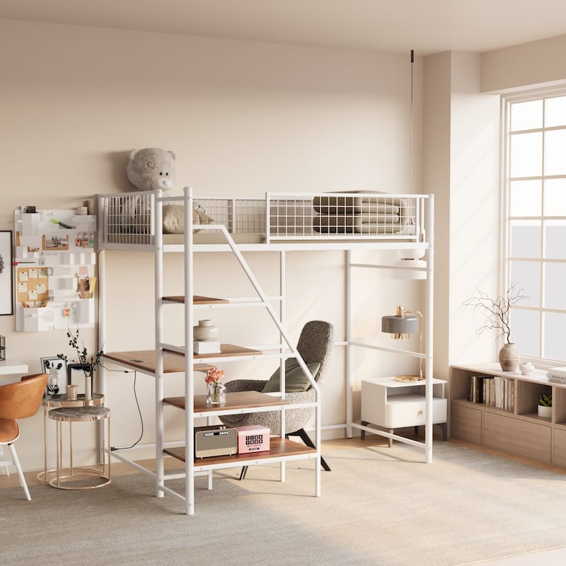 Twin Size Metal Loft Bed with Built-In Charging Station, LED Lighting and Storage Desk - White