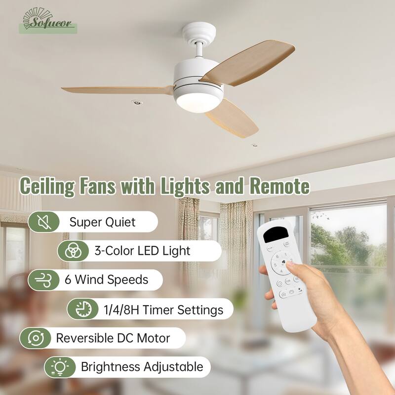 Sofucor 46 Inch Ceiling Fans with Light,Small Indoor/Outdoor,Remote Control,3 ABS Blades