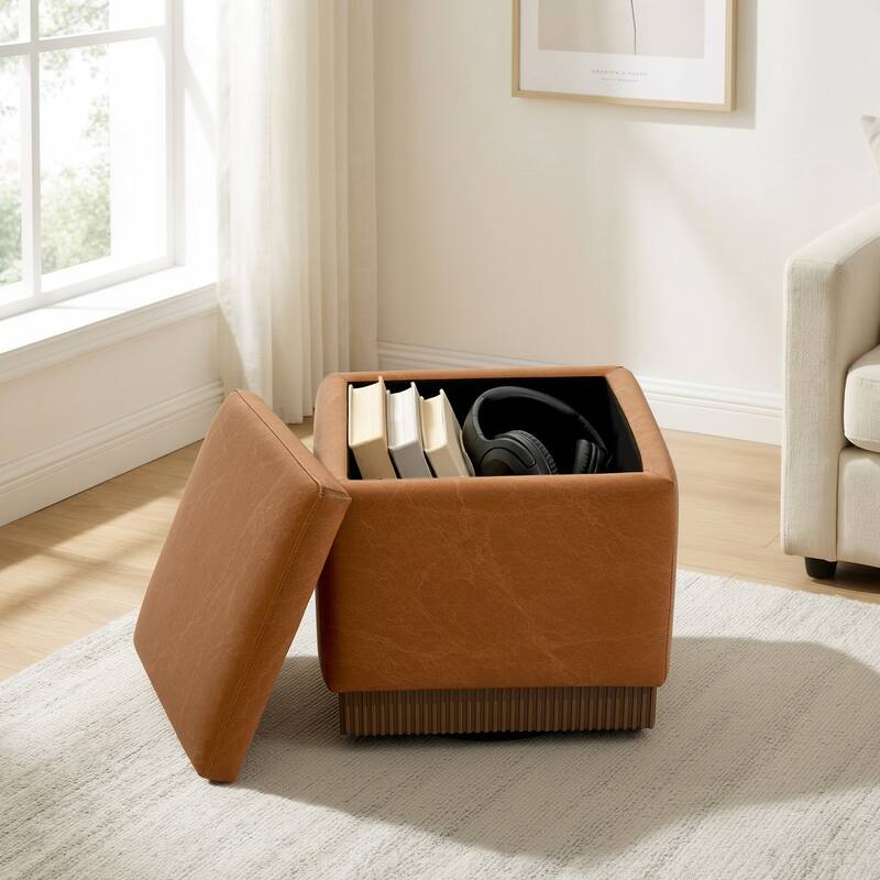 Swivel Storage Ottoman Bench Footstool with Flip-top and Acacia Solid Wood Frame, Fully Assembled