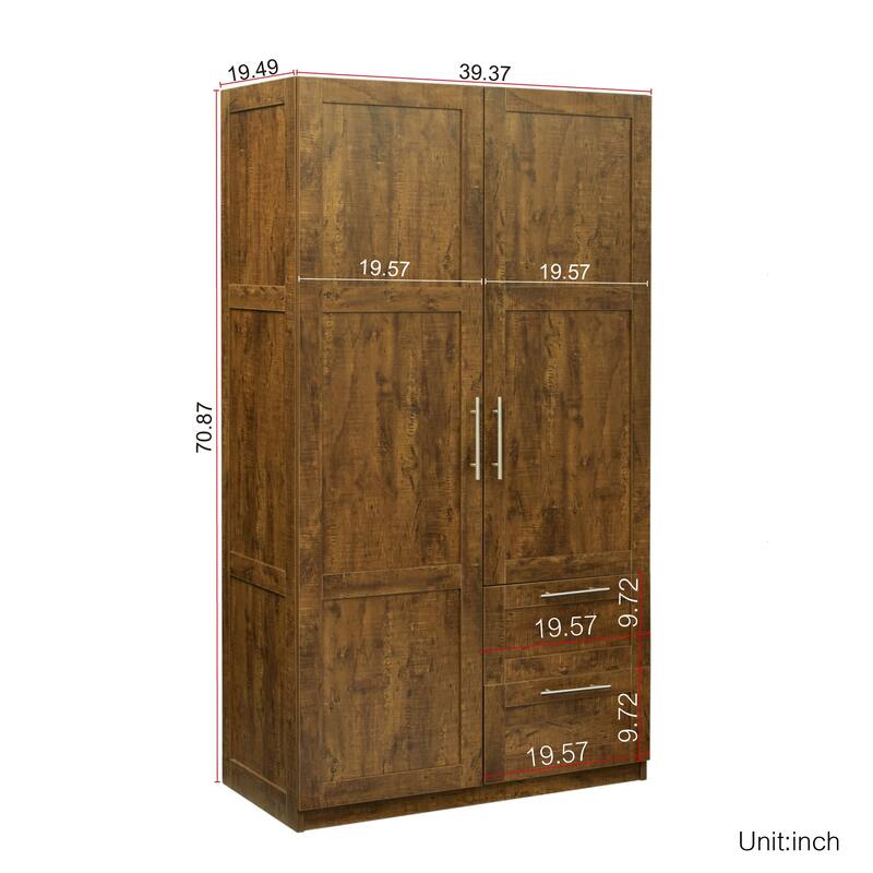 High Wardrobe Armoire & Kitchen Cabinet with 2 Doors, 2 Drawers and 5 Storage Spaces, Durable Sturdy MDF Frame for Bedroom