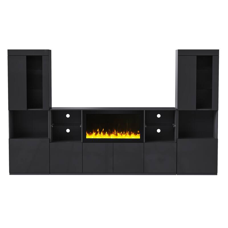 LED High Gloss TV Stand Display Cabinet Set with Glass Shelves, 111" TV Media Storage Console with Electric Fireplace