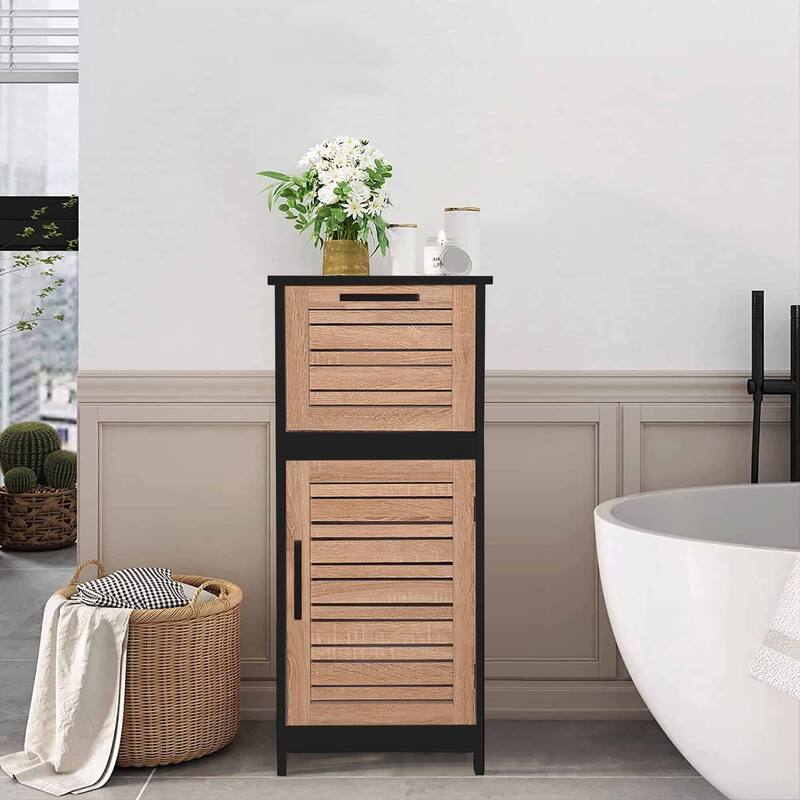 Compact Bathroom Storage Cabinet with Drawer and Vented Door, Black and Brown - Bergen Collection - 14.7"L x 11.13"W x 32.12"H
