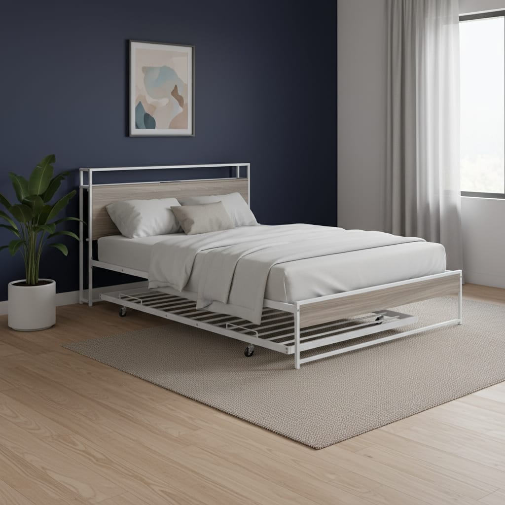 HomeRoots White Metal Queen Bed Frame With Trundle