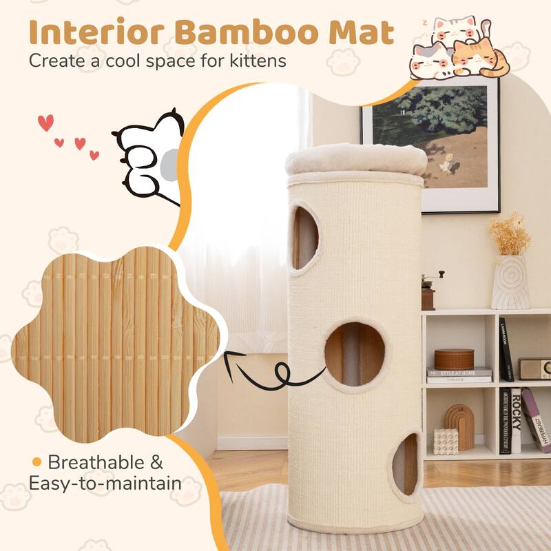 White Natural Plush Cat Tower with Sisal Scratching Board and Removable Perch - 16" L x 16" W x 49" H