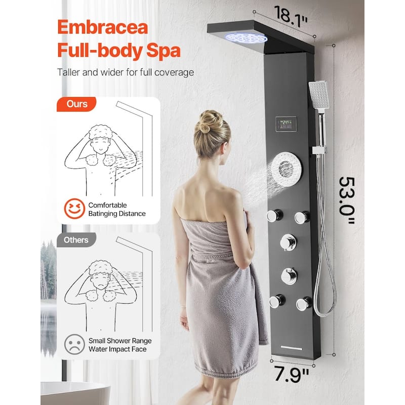 Black Stainless Steel 6-in-1 Shower Panel Tower System with LED, Massage Jets and Temperature Display - 53.0x 7.9x 18.1 inch