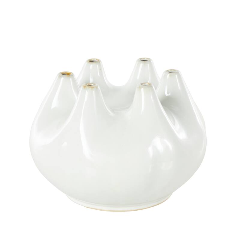 White Ceramic Round Wide Decorative Vase with Multiple Openings