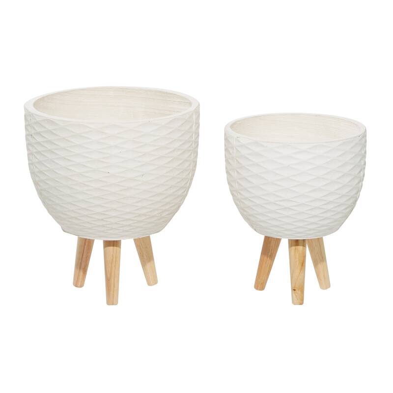 White or Gray Ceramic Indoor Outdoor Planter with Wood Legs (Set of 2)