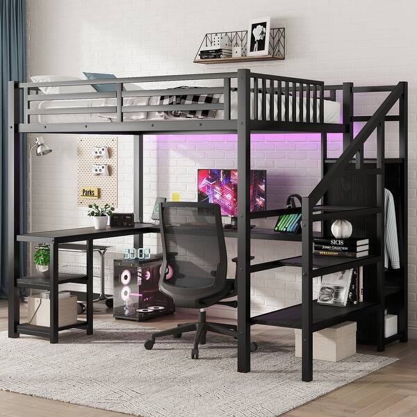 slide 2 of 11, Full Metal Loft Bed with Closet, L-Shaped Desk, LED Lighting & USB Ports, Storage Staircase and Shelves, for Teens & Adults Black