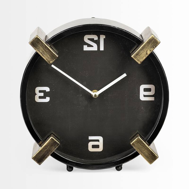 HomeRoots Black Gold Metal Round Desk Table Clock - 4.5' X '10' X '10