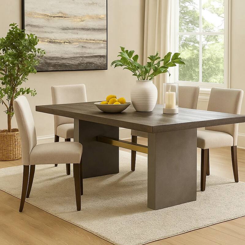 Cid Coe Dining Table, 94 Inch Brown Walnut Top, Gray Concrete Pedestal Base - Gray, Brown, Brass