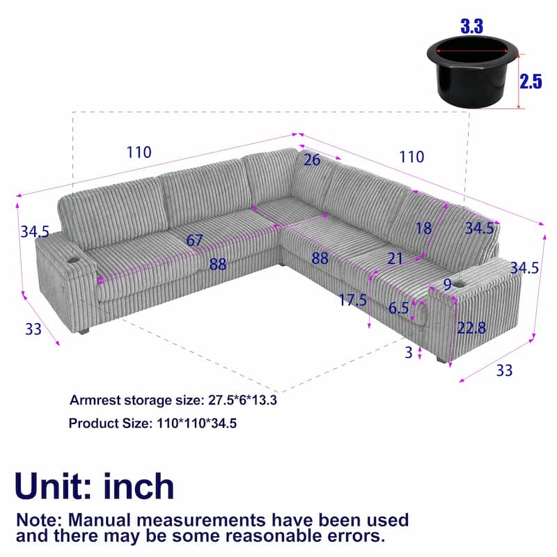 Dark Grey 110" Oversized Corduroy L-Shaped Corner Sectional Sofa with Storage Armrest, Cup Holder, USB & Type-C Ports