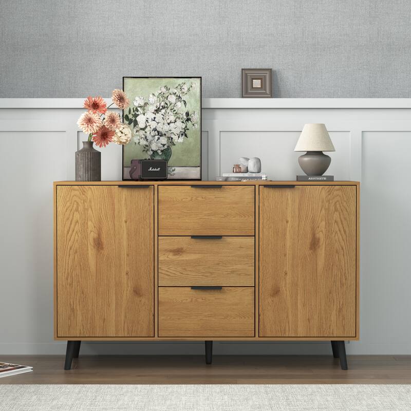 Sideboard Cabinet with Storage, Buffet Sideboard with 3 Drawers and 2 Doors, Wood Coffee Bar Cabinet with Adjustable Shelves