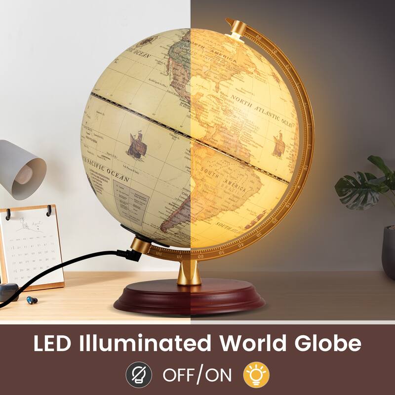 Gymax 8 Inch Illuminated World Globe Night Light up Globe Lamp Wooden