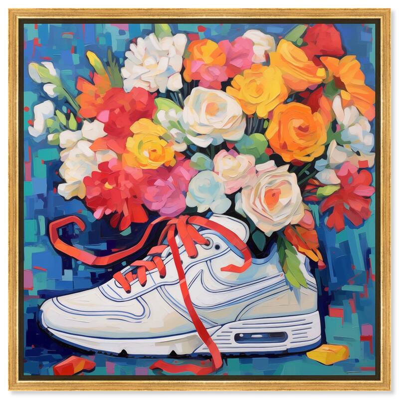 Whimsical Sneaker with Flowers Canvas by Art Remedy - Gold - 24" x 24"