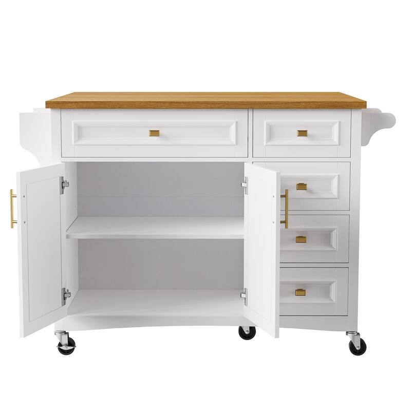 Kitchen Island with Drop Leaf, Adjustable Shelf, Spice Rack, Towel Rack, 2 Doors and 5 Drawers