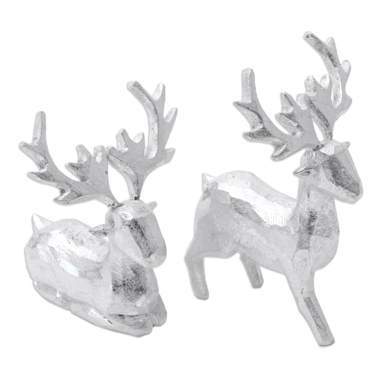 Novica Handmade Silver Reindeer Wood Figurines (Pair)