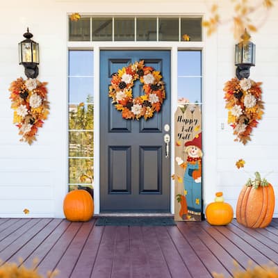 Glitzhome Hello Fall Lotus Berry Floral Wreath Swag with Black Metal Wreath Hanger