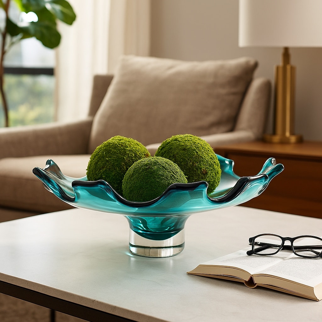 Artistic Abstract Glass Decorative Bowl - 14", Blue & Green - 14.0"