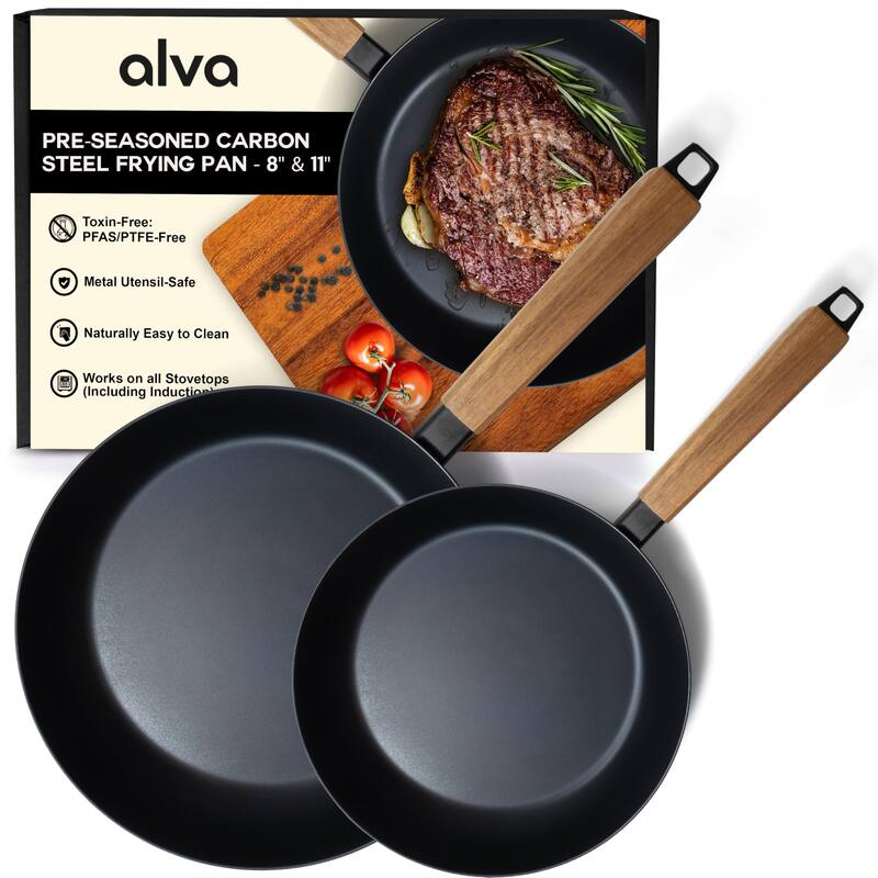 Alva Forest Carbon Steel Pan Pre-Seasoned with Natural Mineral Oil - 8" + 11" Frying Pan