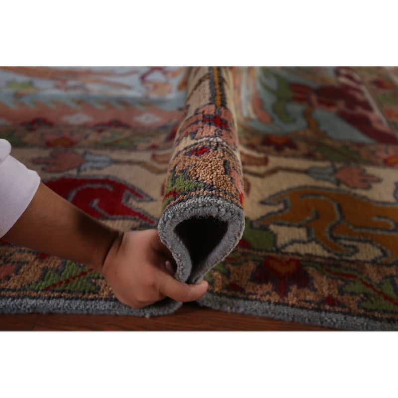 Hunting Animals Blue Ziegler Indian Area Rug Hand-Knotted Wool Carpet - 8'10"x 12'2"