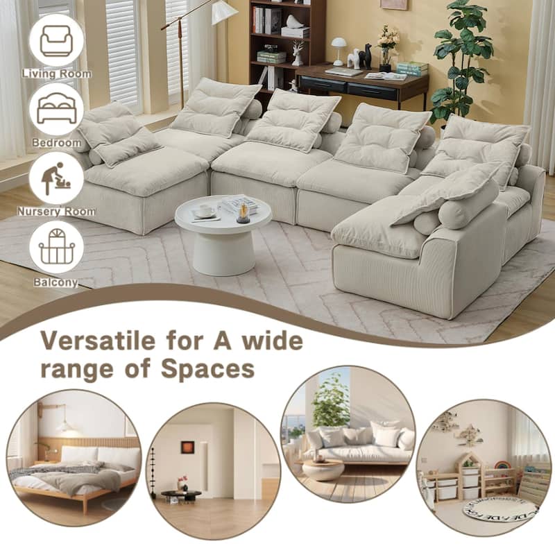 132" Corduroy Modular 6-Seater Sectional Sofa with 12 Pillows (6 Neck + 6 Lumbar), Armless Design and DIY Configuration