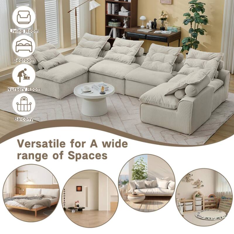 132" Modular Corduroy Sectional Sofa with 12 Pillows & Armless Design