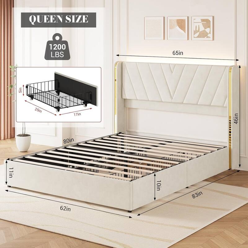 Upholstered LED Bed Frame with 4 Storage Drawers, No Box Spring Needed