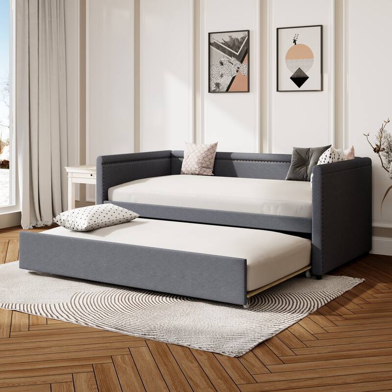 Twin Size Upholstered Daybed with Trundle Modern Linen Fabric, No Box Spring Needed - Gray