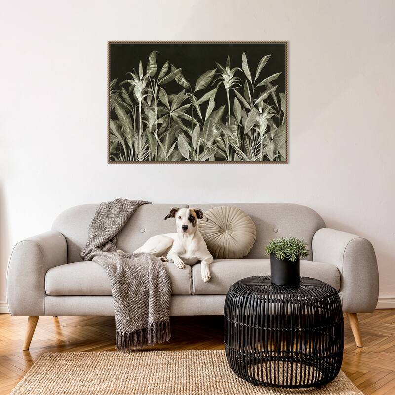 Monochrome Jungle Leaves at Night by Aria K Framed Canvas Wall Art Print