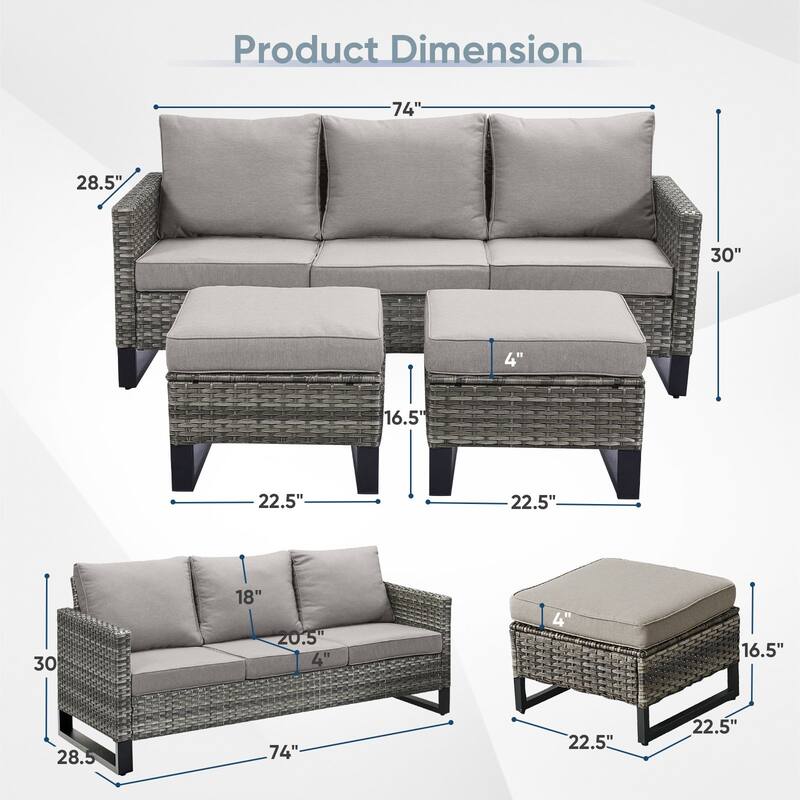 3 Pieces Outdoor Wicker Sofa with Ottomans Grey - Grey